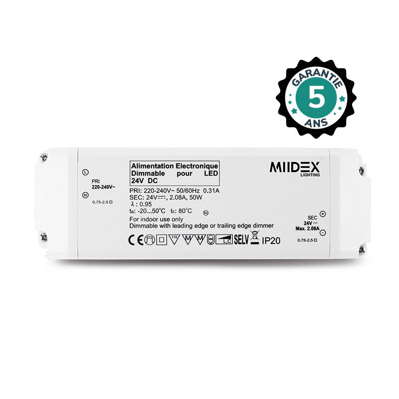 Alimentation pour LED 24VDC 50W Dimmable Coupure de phase